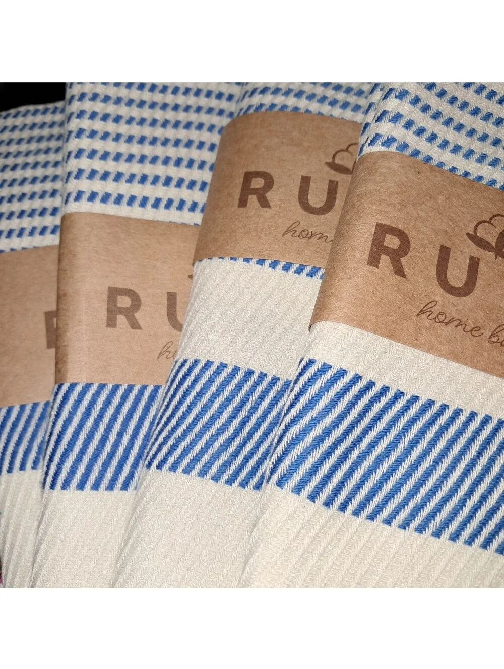 Ruvy NWT 4pk Turkish Cotton Stripe Hand Towels In Cream/Blue 18